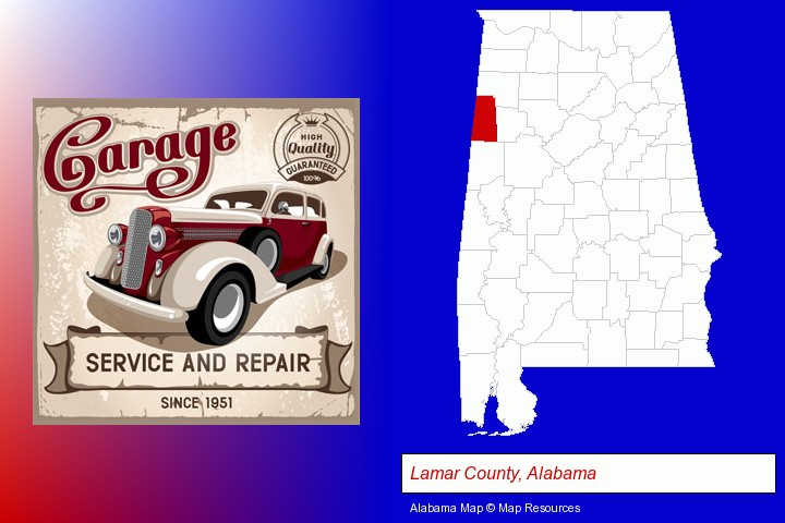 an auto service and repairs garage sign; Lamar County, Alabama highlighted in red on a map