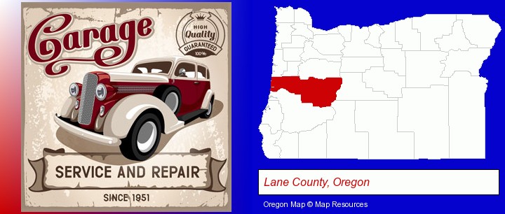 an auto service and repairs garage sign; Lane County, Oregon highlighted in red on a map