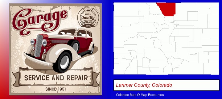 an auto service and repairs garage sign; Larimer County, Colorado highlighted in red on a map
