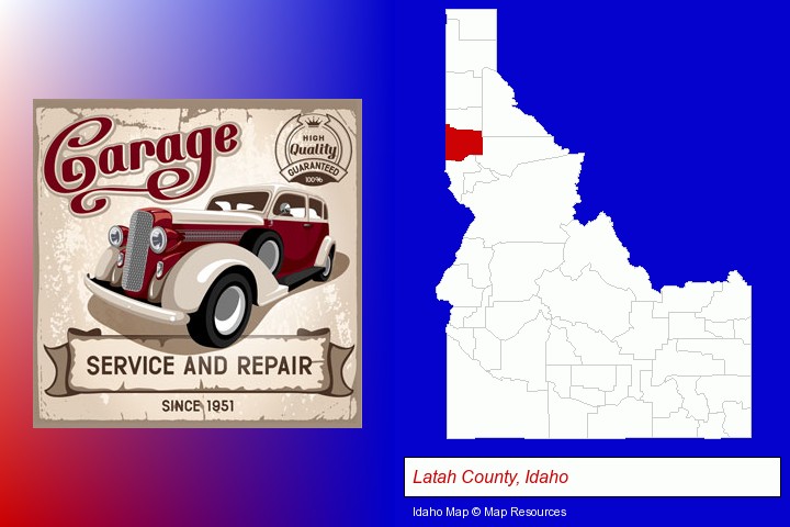 an auto service and repairs garage sign; Latah County, Idaho highlighted in red on a map