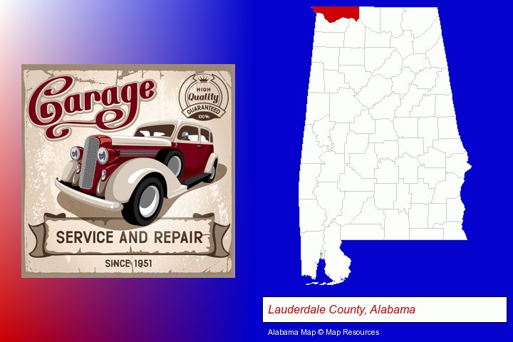 an auto service and repairs garage sign; Lauderdale County, Alabama highlighted in red on a map