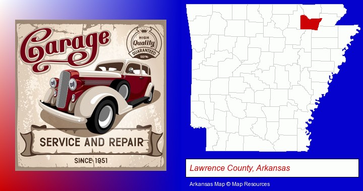 an auto service and repairs garage sign; Lawrence County, Arkansas highlighted in red on a map