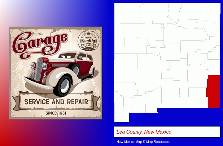 an auto service and repairs garage sign; Lea County, New Mexico highlighted in red on a map