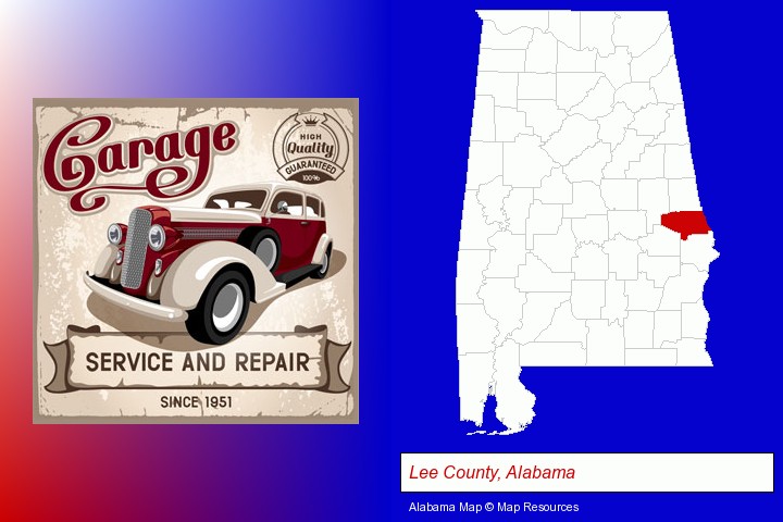 an auto service and repairs garage sign; Lee County, Alabama highlighted in red on a map
