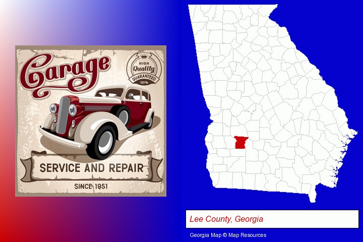 an auto service and repairs garage sign; Lee County, Georgia highlighted in red on a map