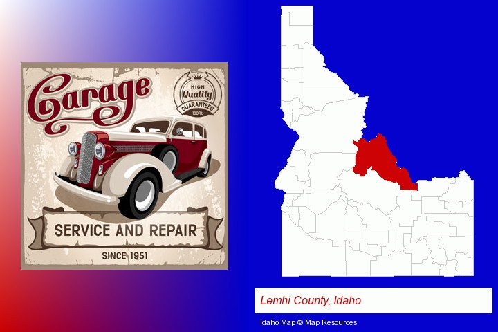 an auto service and repairs garage sign; Lemhi County, Idaho highlighted in red on a map