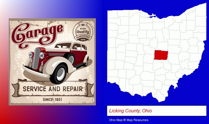 an auto service and repairs garage sign; Licking County, Ohio highlighted in red on a map