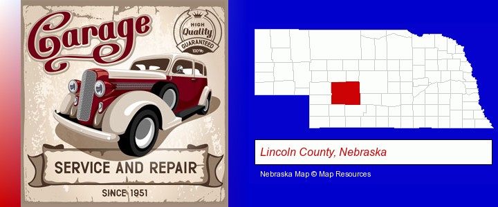 an auto service and repairs garage sign; Lincoln County, Nebraska highlighted in red on a map