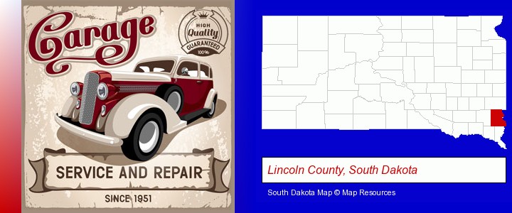 an auto service and repairs garage sign; Lincoln County, South Dakota highlighted in red on a map