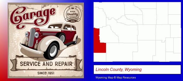 an auto service and repairs garage sign; Lincoln County, Wyoming highlighted in red on a map