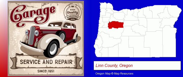 an auto service and repairs garage sign; Linn County, Oregon highlighted in red on a map