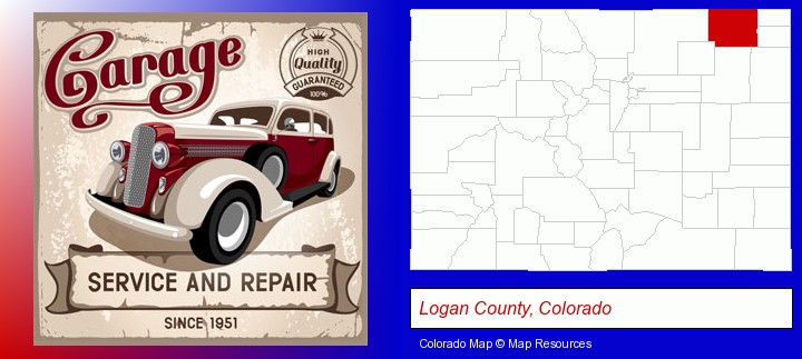 an auto service and repairs garage sign; Logan County, Colorado highlighted in red on a map
