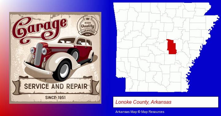 an auto service and repairs garage sign; Lonoke County, Arkansas highlighted in red on a map