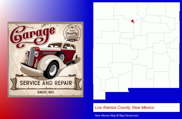 an auto service and repairs garage sign; Los Alamos County, New Mexico highlighted in red on a map