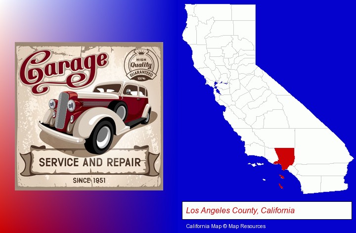 an auto service and repairs garage sign; Los Angeles County, California highlighted in red on a map