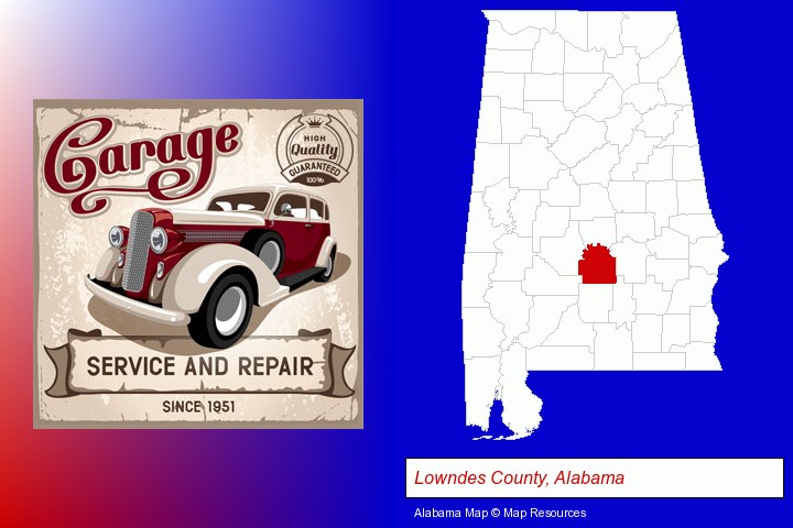 an auto service and repairs garage sign; Lowndes County, Alabama highlighted in red on a map