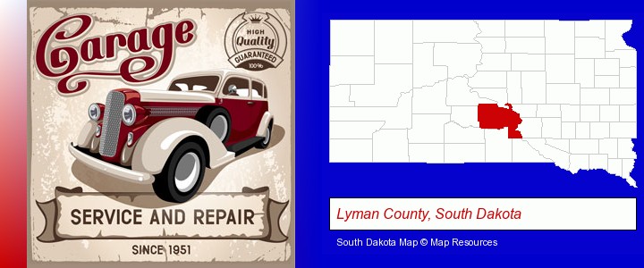 an auto service and repairs garage sign; Lyman County, South Dakota highlighted in red on a map