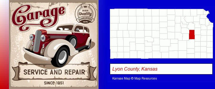 an auto service and repairs garage sign; Lyon County, Kansas highlighted in red on a map