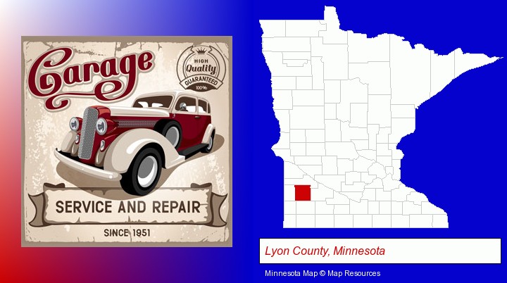 an auto service and repairs garage sign; Lyon County, Minnesota highlighted in red on a map