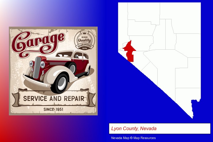 an auto service and repairs garage sign; Lyon County, Nevada highlighted in red on a map