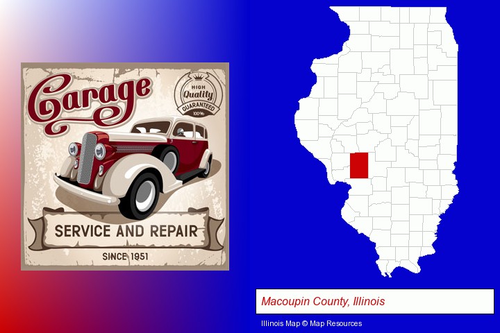 an auto service and repairs garage sign; Macoupin County, Illinois highlighted in red on a map
