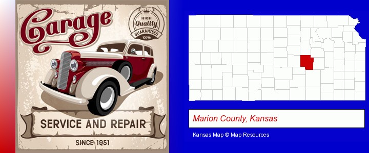 an auto service and repairs garage sign; Marion County, Kansas highlighted in red on a map