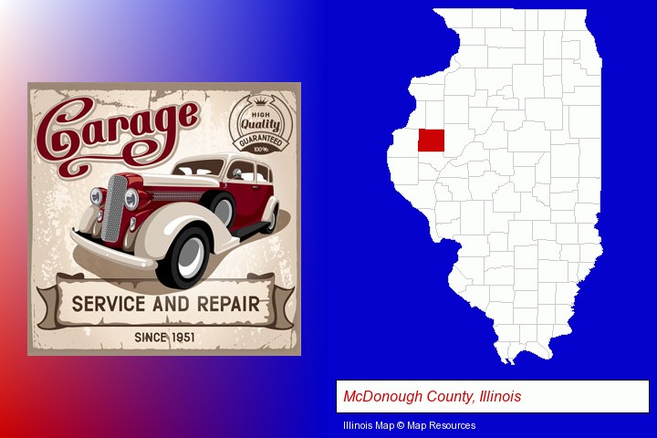 an auto service and repairs garage sign; McDonough County, Illinois highlighted in red on a map