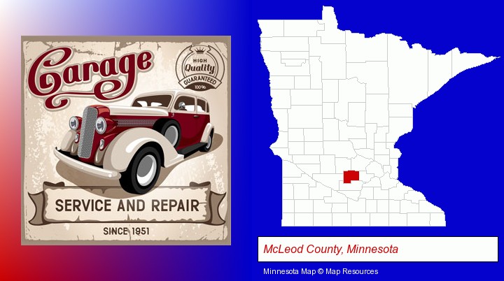 an auto service and repairs garage sign; McLeod County, Minnesota highlighted in red on a map