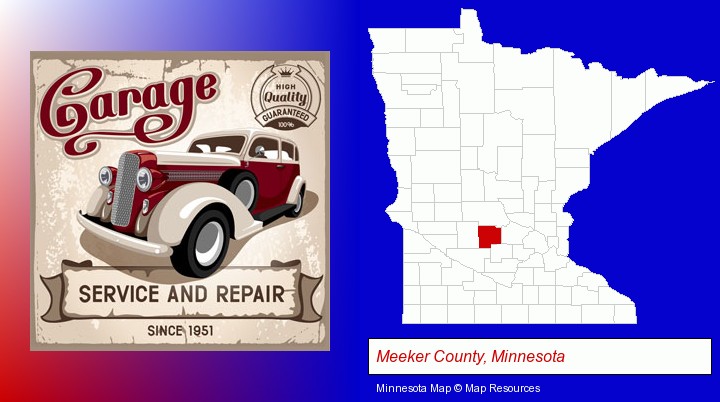 an auto service and repairs garage sign; Meeker County, Minnesota highlighted in red on a map