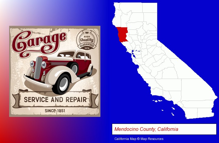 an auto service and repairs garage sign; Mendocino County, California highlighted in red on a map
