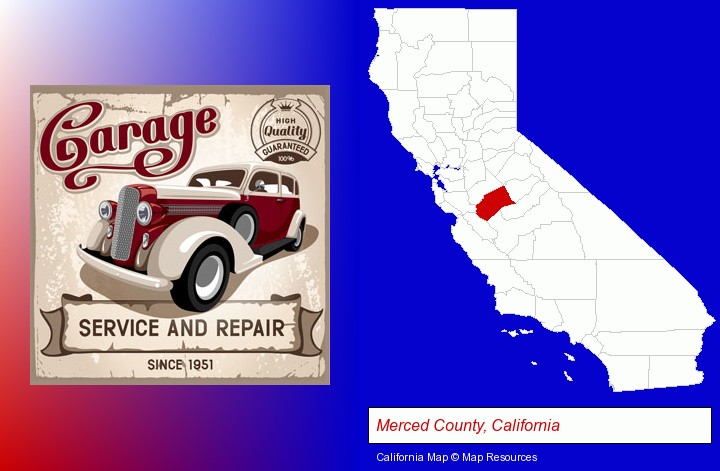 an auto service and repairs garage sign; Merced County, California highlighted in red on a map
