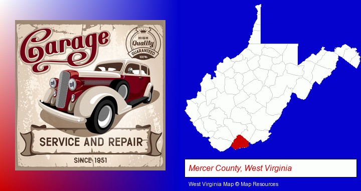 an auto service and repairs garage sign; Mercer County, West Virginia highlighted in red on a map
