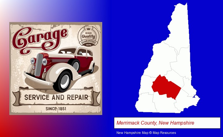 an auto service and repairs garage sign; Merrimack County, New Hampshire highlighted in red on a map