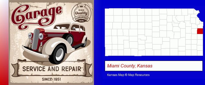 an auto service and repairs garage sign; Miami County, Kansas highlighted in red on a map