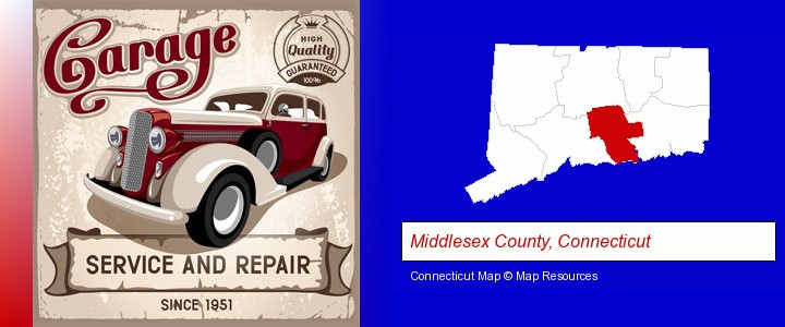 an auto service and repairs garage sign; Middlesex County, Connecticut highlighted in red on a map