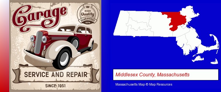 an auto service and repairs garage sign; Middlesex County, Massachusetts highlighted in red on a map