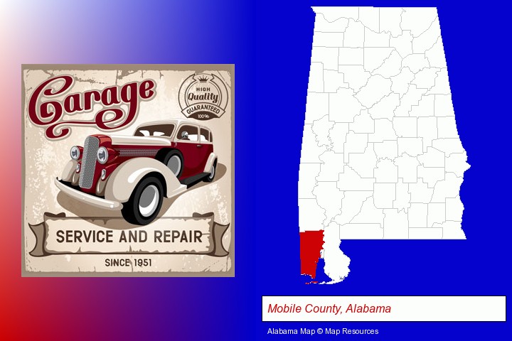 an auto service and repairs garage sign; Mobile County, Alabama highlighted in red on a map