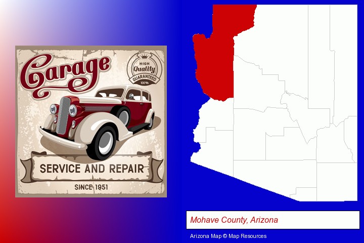 an auto service and repairs garage sign; Mohave County, Arizona highlighted in red on a map