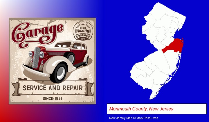 an auto service and repairs garage sign; Monmouth County, New Jersey highlighted in red on a map