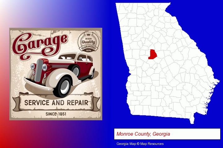an auto service and repairs garage sign; Monroe County, Georgia highlighted in red on a map
