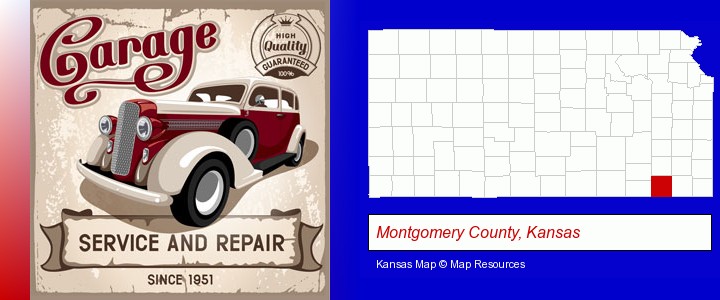an auto service and repairs garage sign; Montgomery County, Kansas highlighted in red on a map