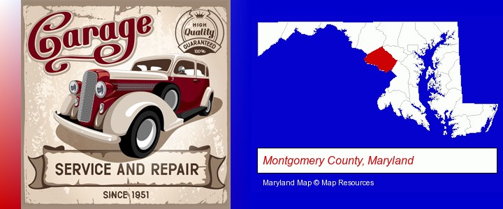 an auto service and repairs garage sign; Montgomery County, Maryland highlighted in red on a map