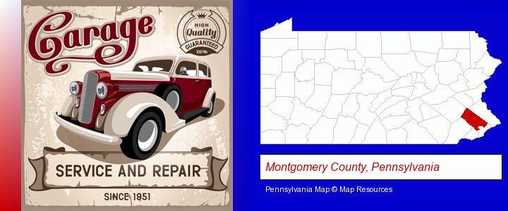 an auto service and repairs garage sign; Montgomery County, Pennsylvania highlighted in red on a map