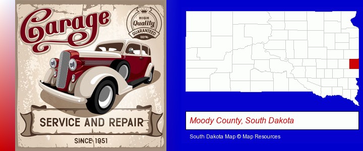 an auto service and repairs garage sign; Moody County, South Dakota highlighted in red on a map