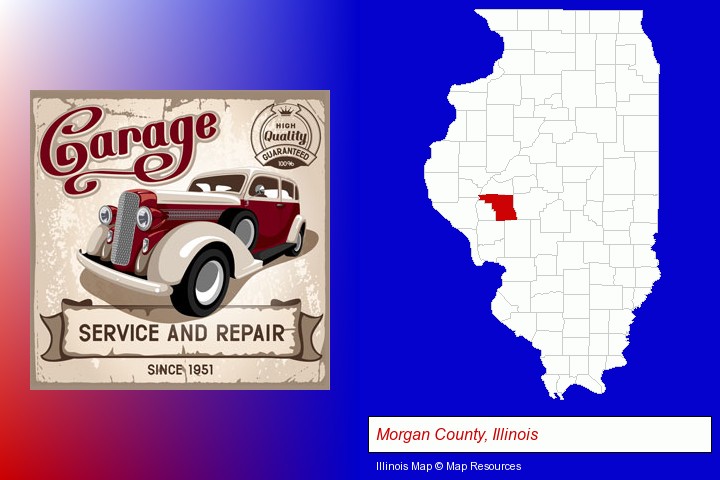 an auto service and repairs garage sign; Morgan County, Illinois highlighted in red on a map