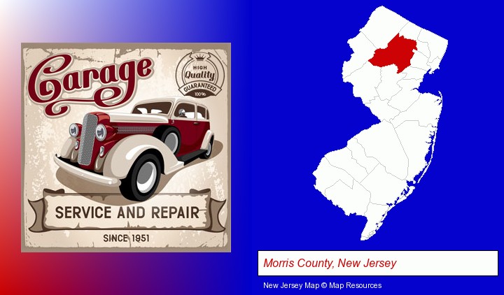 an auto service and repairs garage sign; Morris County, New Jersey highlighted in red on a map
