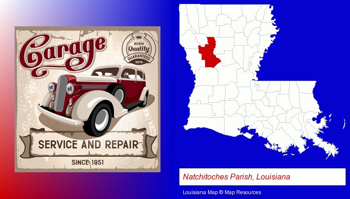 an auto service and repairs garage sign; Natchitoches Parish, Louisiana highlighted in red on a map