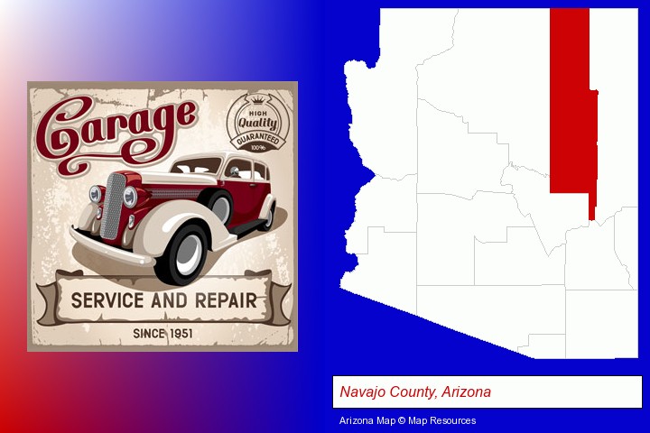 an auto service and repairs garage sign; Navajo County, Arizona highlighted in red on a map