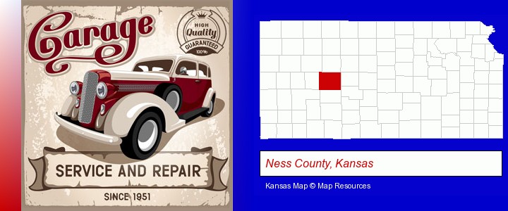 an auto service and repairs garage sign; Ness County, Kansas highlighted in red on a map