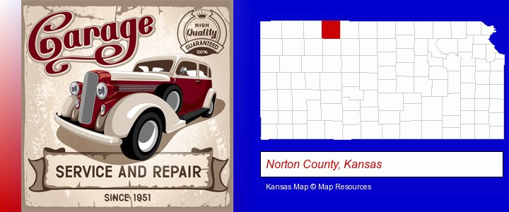 an auto service and repairs garage sign; Norton County, Kansas highlighted in red on a map